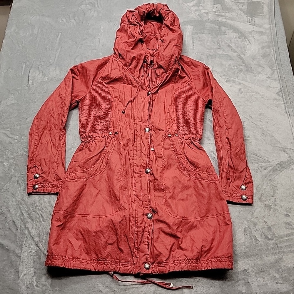 De Bijenkorf Jacket Womens 12 Red Anorak Hooded Parka Utility Smocked Smock